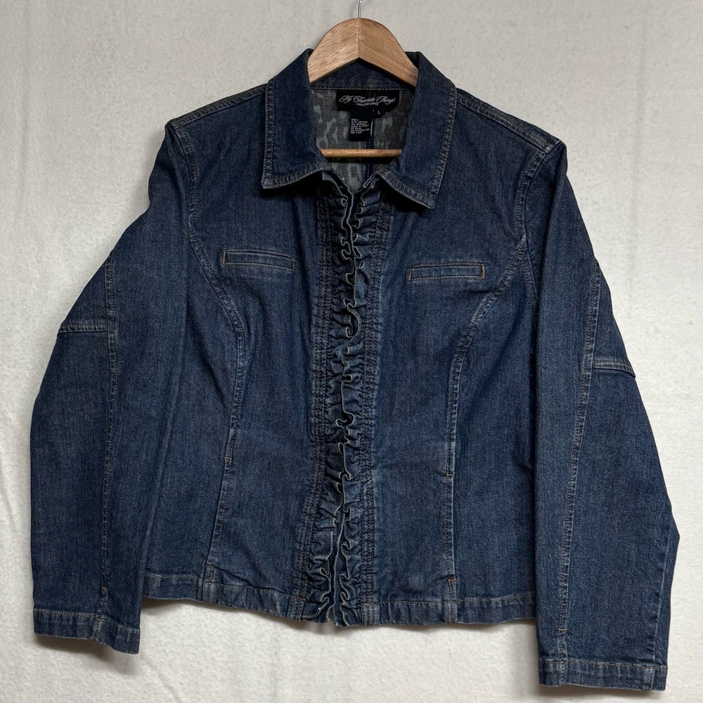 Double Ruffle Denim Jacket Dark Blue Jean Jacket Y2K 90s Feminine Boho